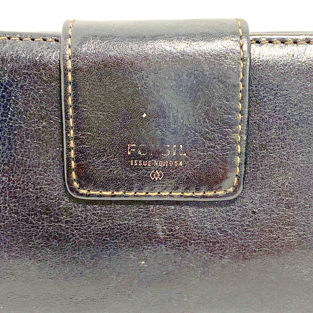 Vintage Fossil black leather wallet bifold coin pocket contrast interior ID slot - Picture 2 of 9